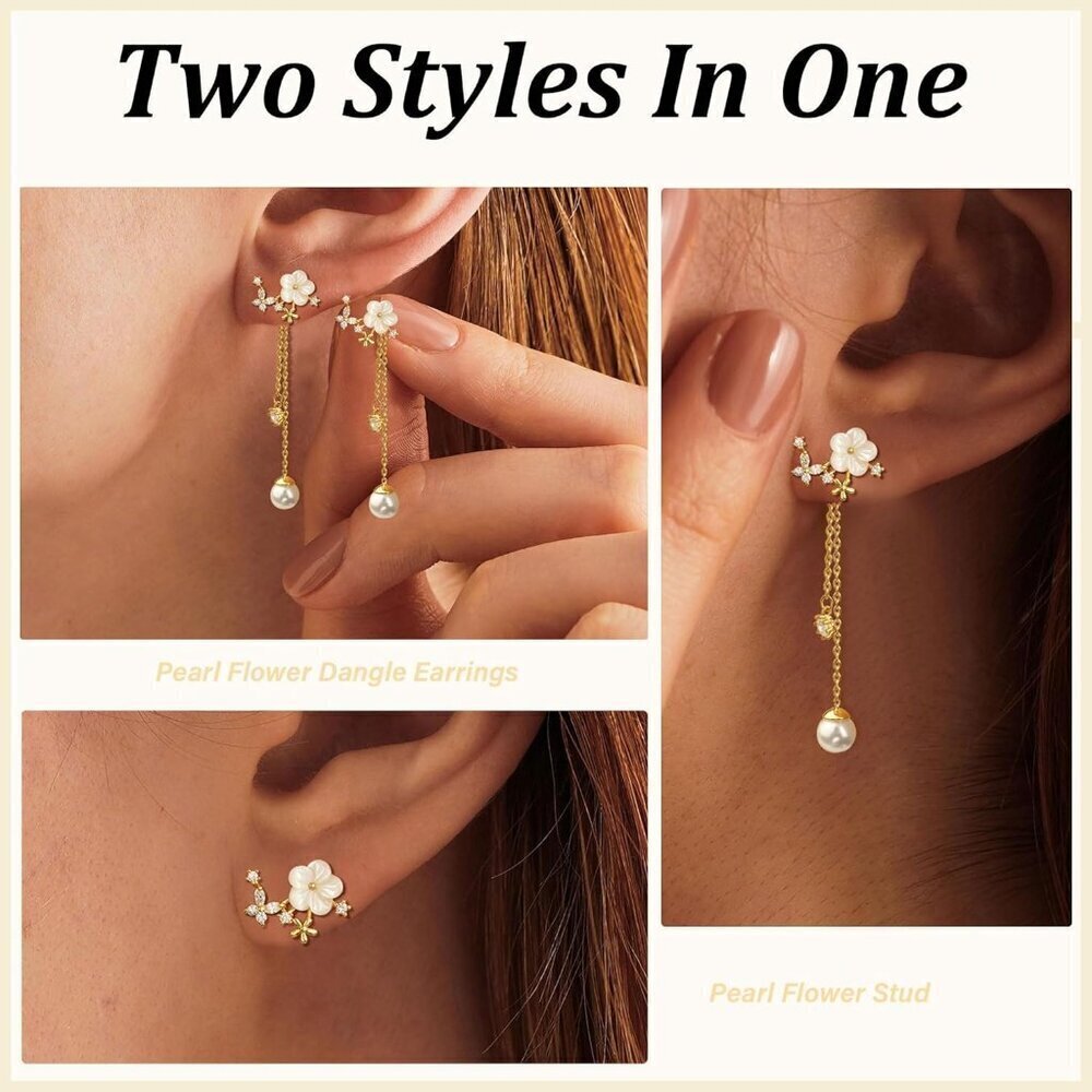 Pearl Drop Earrings Women Dangle Chain CZ Gold Statement Jewelry - Picture 6 of 6